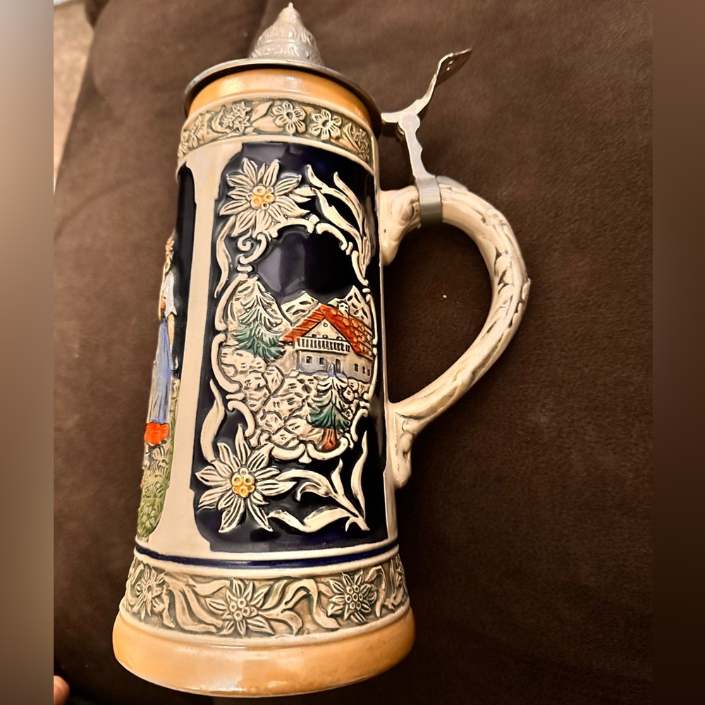 Vintage German Mug Beer Stein with Pewter Lid -10 inches tall